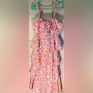 Wenrine Pink Floral Ruffle Tiered Dress Open Back Bow Cottagecore